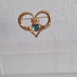 Gold Heart Brooch with Green Accent